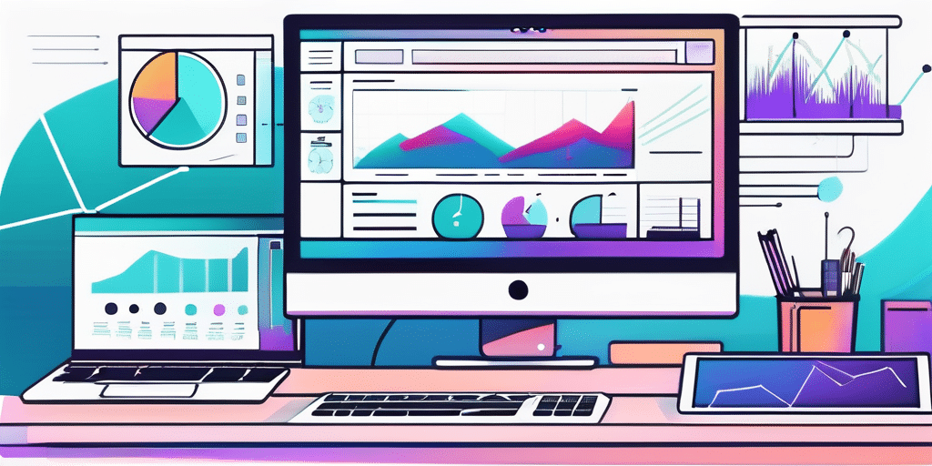 Moderner Arbeitsplatz mit modernen Computern, Analysediagrammen und lebendigen Farbakzenten, symbolisierend dynamische und innovative digitale Marketingstrategien.