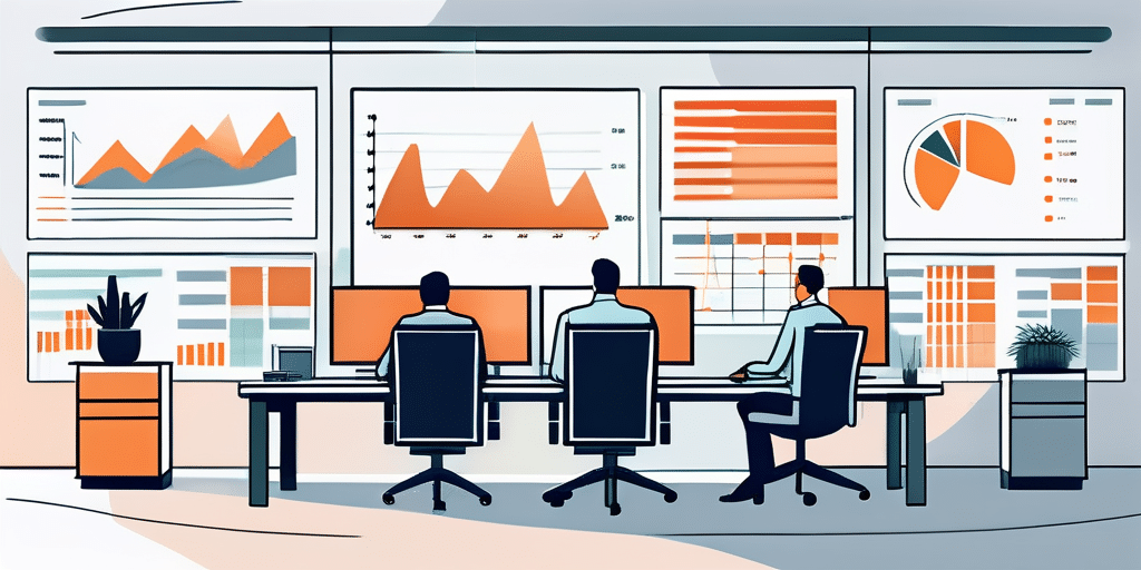 Modernes Buero mit PC-Arbeitsplaetzen und Profis, die Datencharts fuer digitale Werbung analysieren.