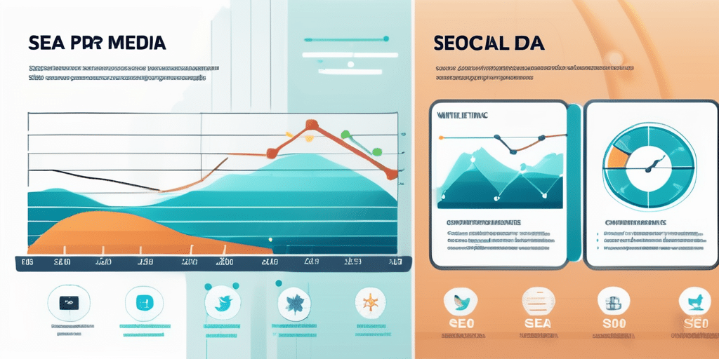 Grafik mit Symbolen fuer SEA, SEO und Social Media sowie Vergleichsdiagramm der Leistungskennzahlen.