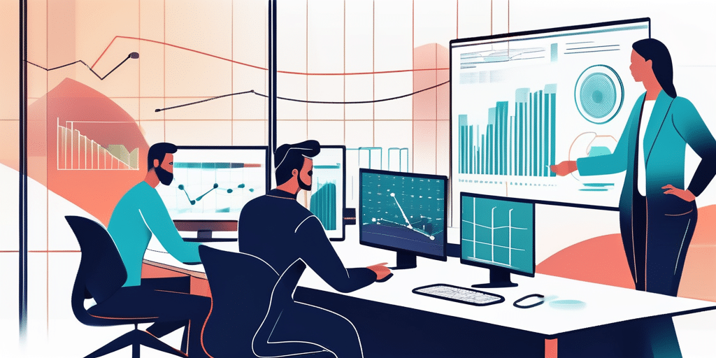 Teamarbeit von Profis in modernem Buero mit Datencharts und digitalen Geraeten, Fokus auf Performance Marketing Strategien.