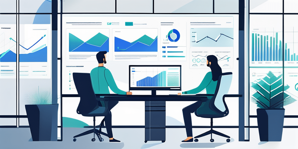 Modernes Buero in Mannheim mit digitalen Marketing-Diagrammen und SEO-Team bei der Zusammenarbeit.