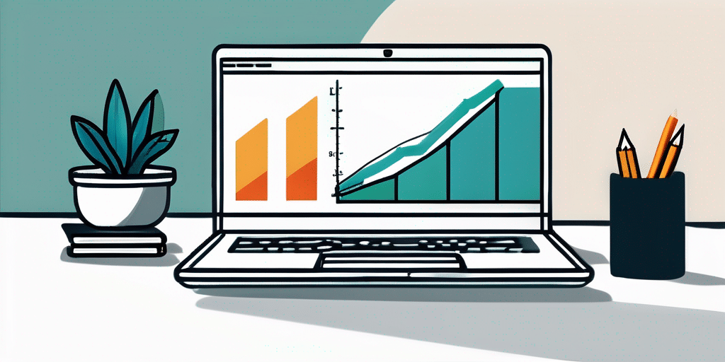 Bild zeigt Laptop auf Schreibtisch mit nach oben gerichteten Diagramm, das Wachstum im Website-Traffic durch effektive SEO-Strategien symbolisiert, Hintergrund mit Buechern und Buerozubehoer betont professionelle und analytische Herangehensweise.