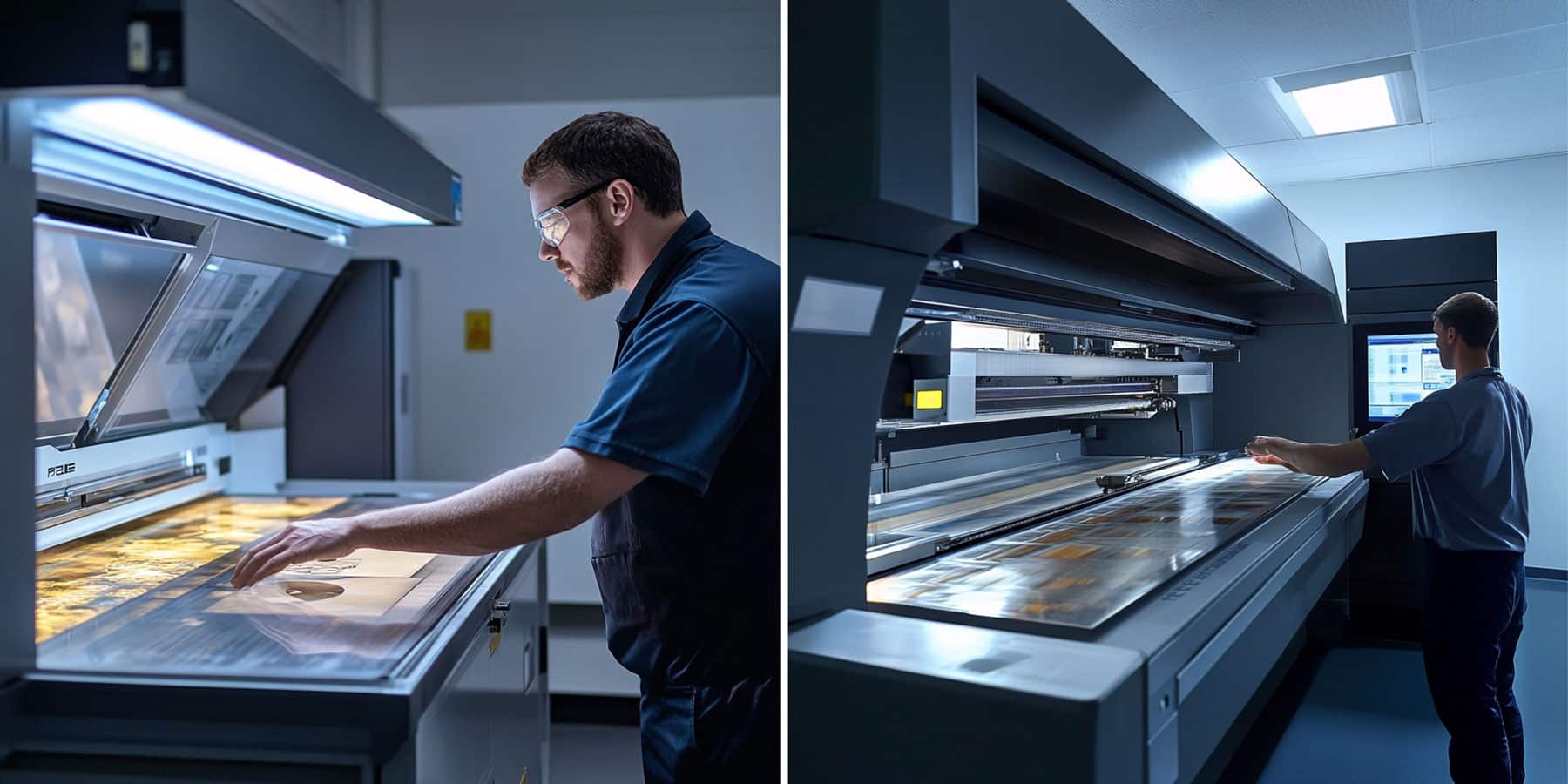 Bildercollage von zwei KI-generierten Bilder, die Drucker bei der Arbeit zeigen
