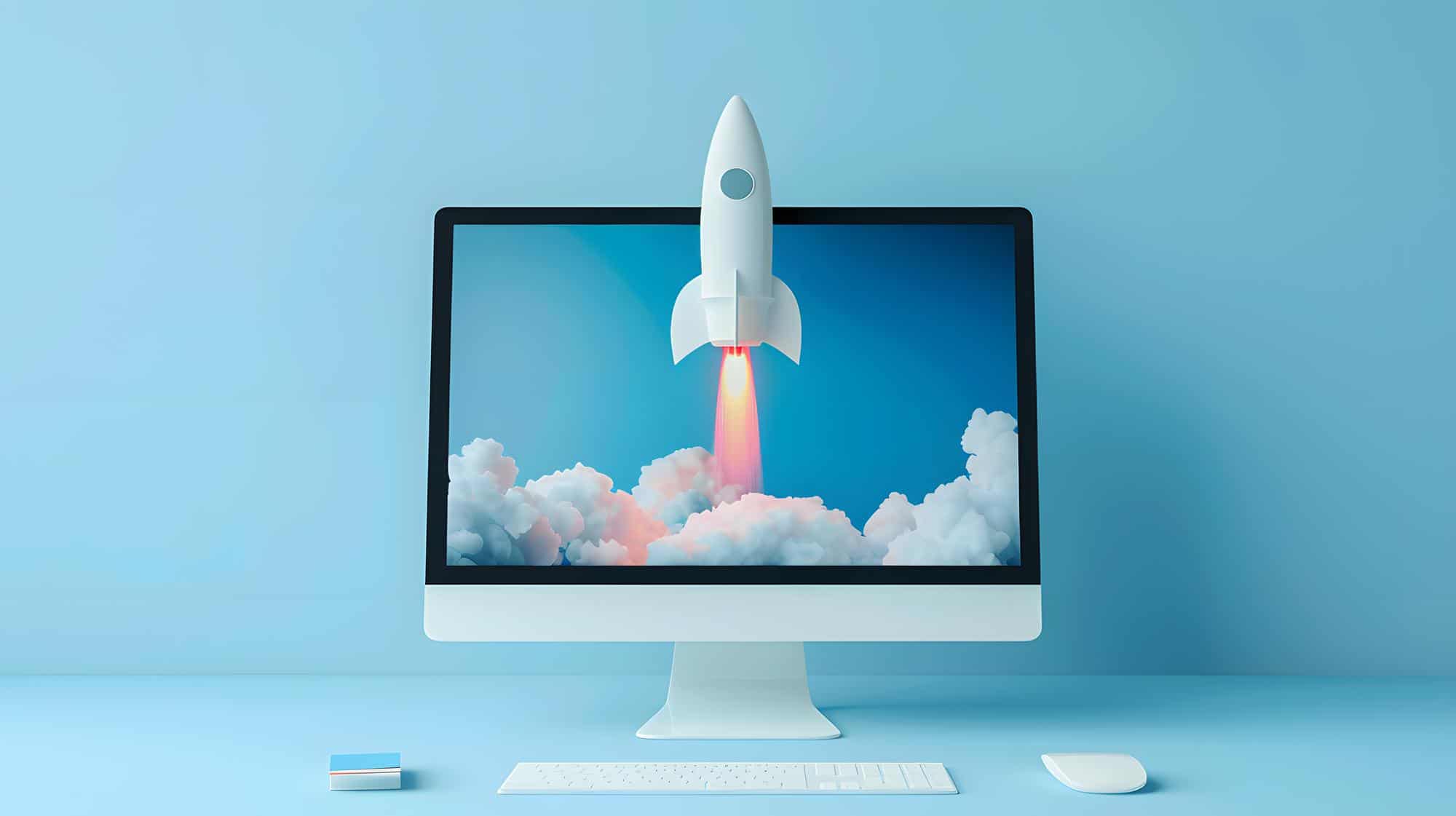 Kreative Darstellung von einer Rakete, die aus einem Computer startet. Symbolbild für Website Relaunch